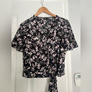 Dynamite Black and Pink Floral Wrap Blouse size S